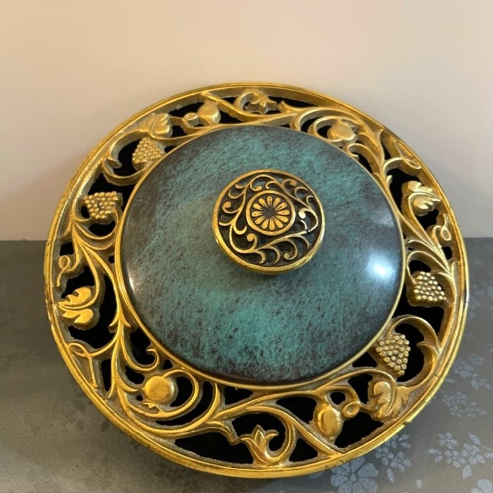 Rare Vintage Oppenheimer From Israel 1950's Enamel & Brass Bowl & Decorative Lid